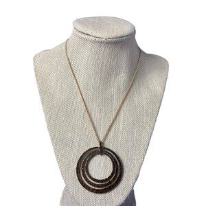 Goldtone Circle Pendant Necklace Hammered Rings 16-19 inches Long 2 inch Pendant